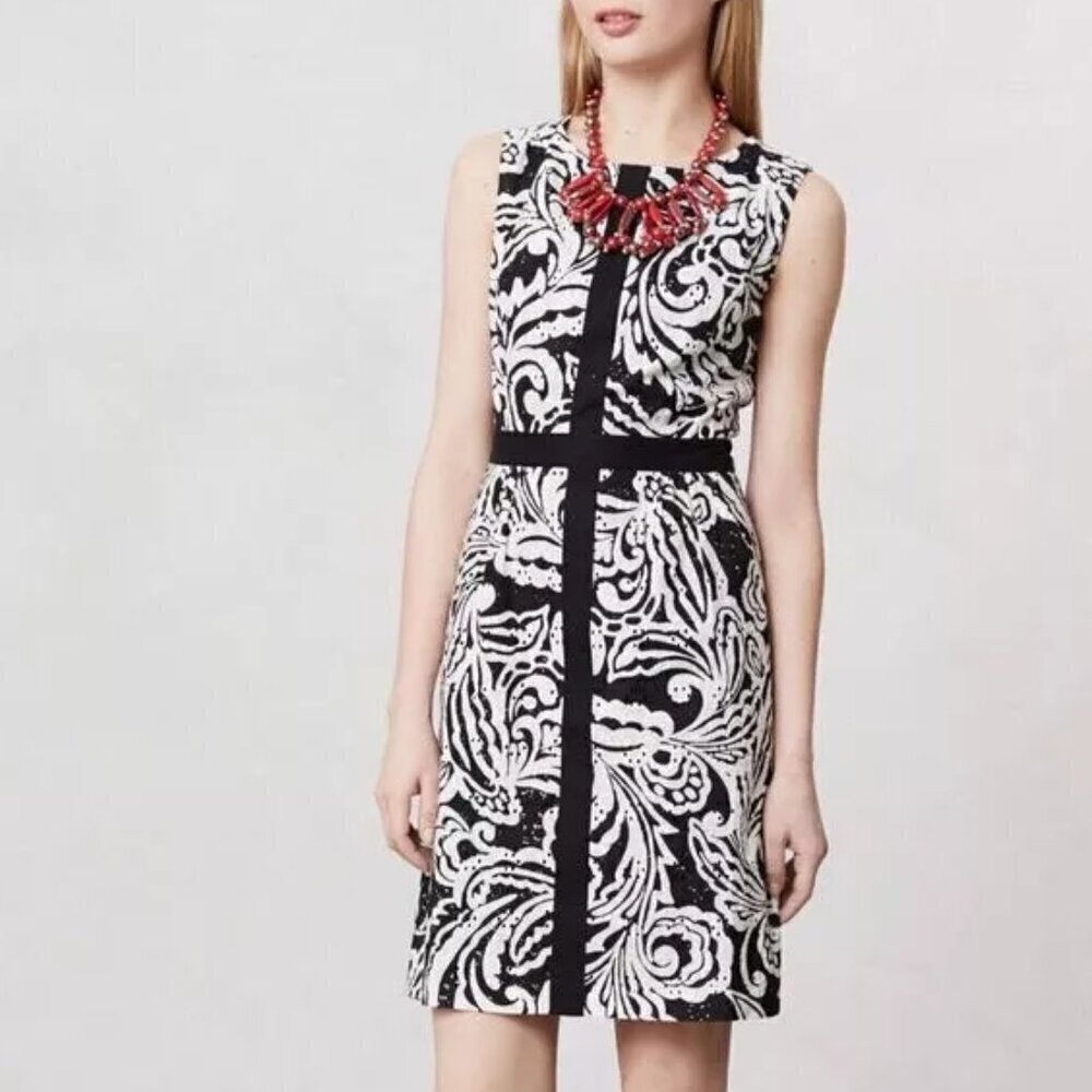 Tabitha Anthropologie sleeveless shift dress black white floral cotton eyelet 10